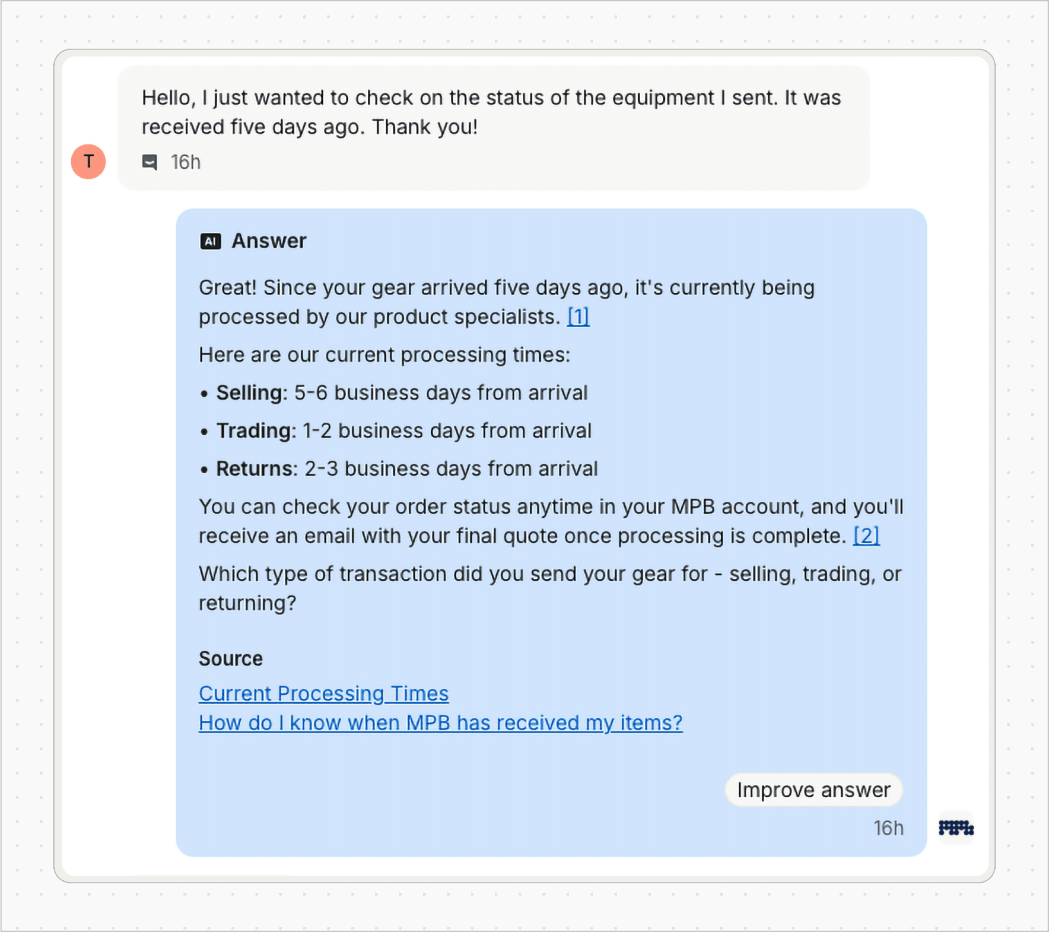 Fin provides a personalized response to a seller query.