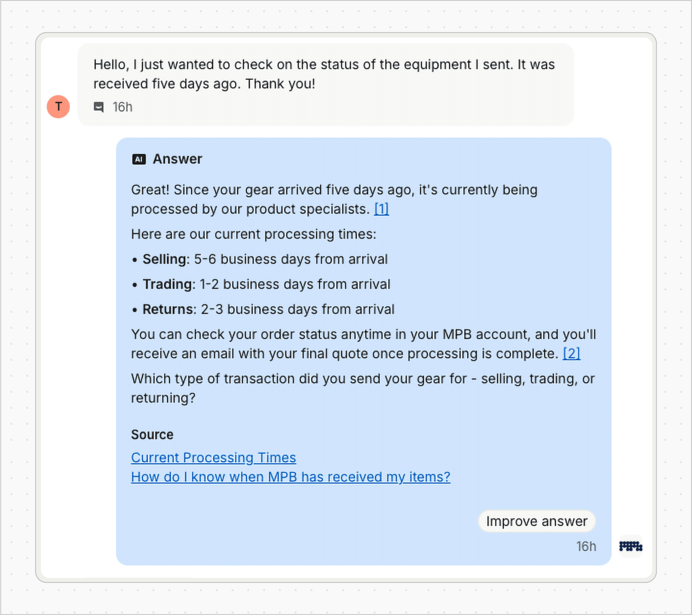 Fin provides a personalized response to a seller query.