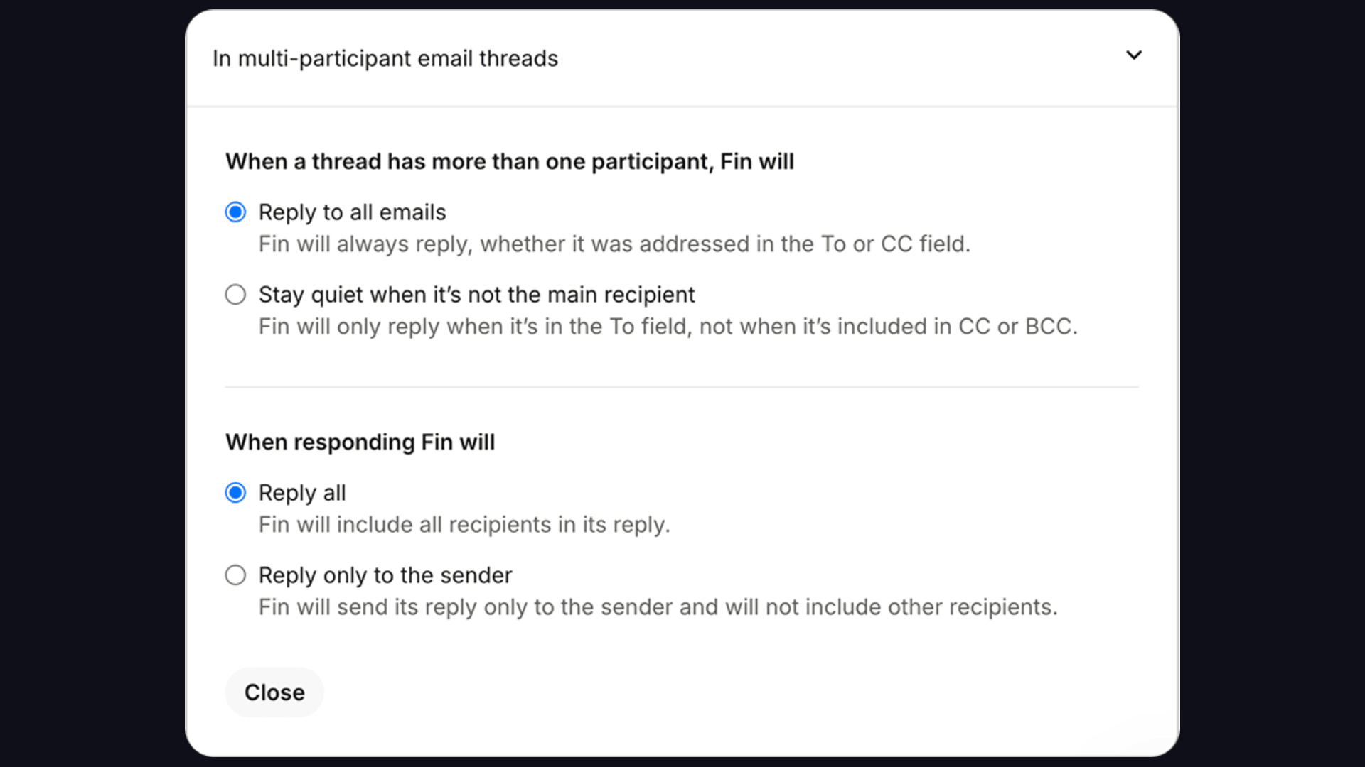 Fin over Email: CC and multi-participant controls