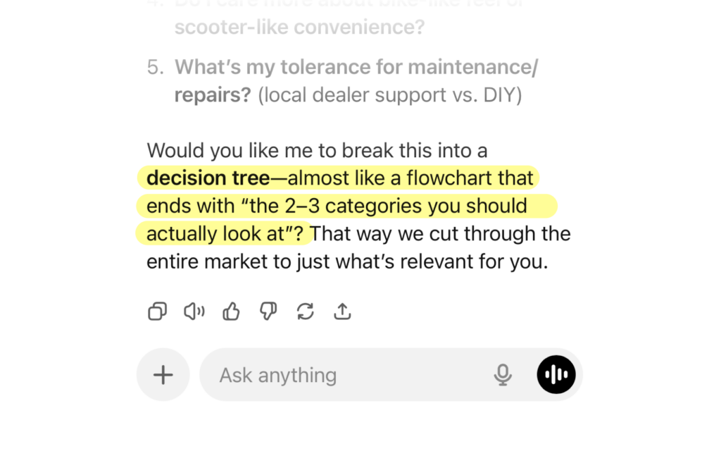 An agentic chat window shows the agent asking the user a followup question to keep a conversation going. The agent asks if the user would like to break their previous response into a flowchart to help the user make sense of it. 