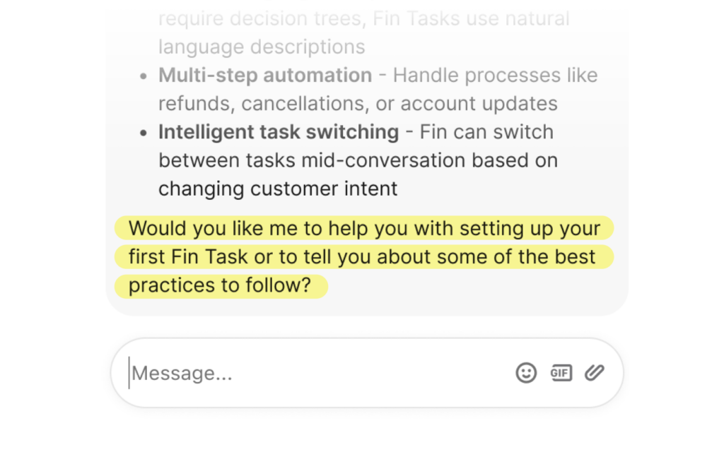 An agentic interface shows the AI agent Fin asking followup questions to help troubleshoot a customer service problem